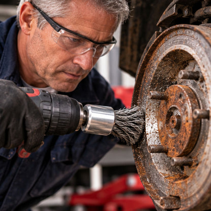 Brosse métallique rotative brosse en acier pour perceuse dans la main d'un homme qui sable le frame de sa roue de voiture