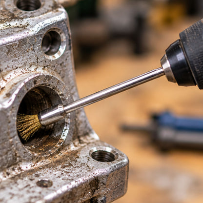 Une brosse métallique rotative à tige longue de 100 mm en train de sabler des trous d'une pièce en acier