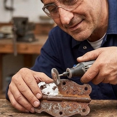 Brosses métalliques rotatives 5 pièces en argent dans la main d'un homme qui polit une penture