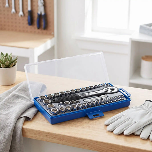 Kit de clé à cliquet douille coffret de 38 pièces sur un établi en bois