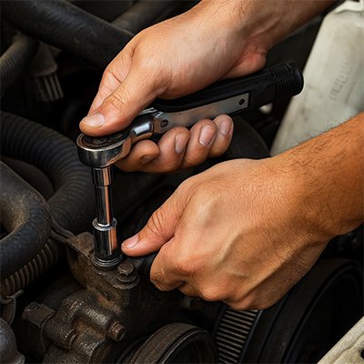 Une Clé à cliquet douille dans la main d'un homme qui répare un moteur