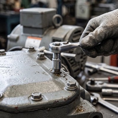 Clé à douille Ultra compacte 93mm dans la main d'un homme qui assemble un moteur