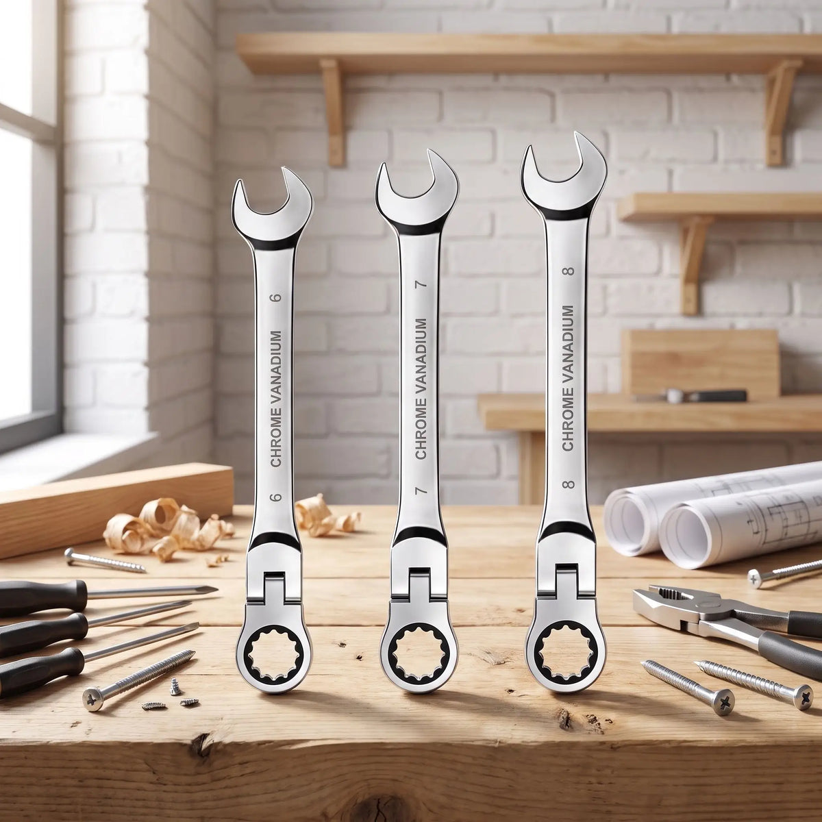 Clé à fourche à cliquet jeu de 3 pièces 6-11 mm sur une table en bois