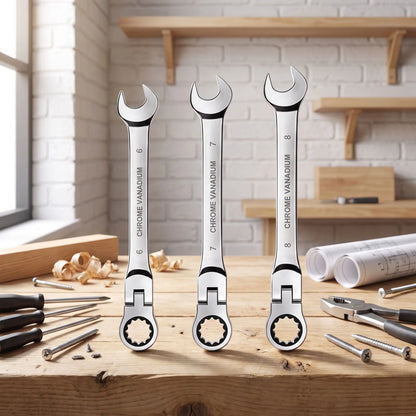Clé à fourche à cliquet jeu de 3 pièces 6-11 mm sur une table en bois