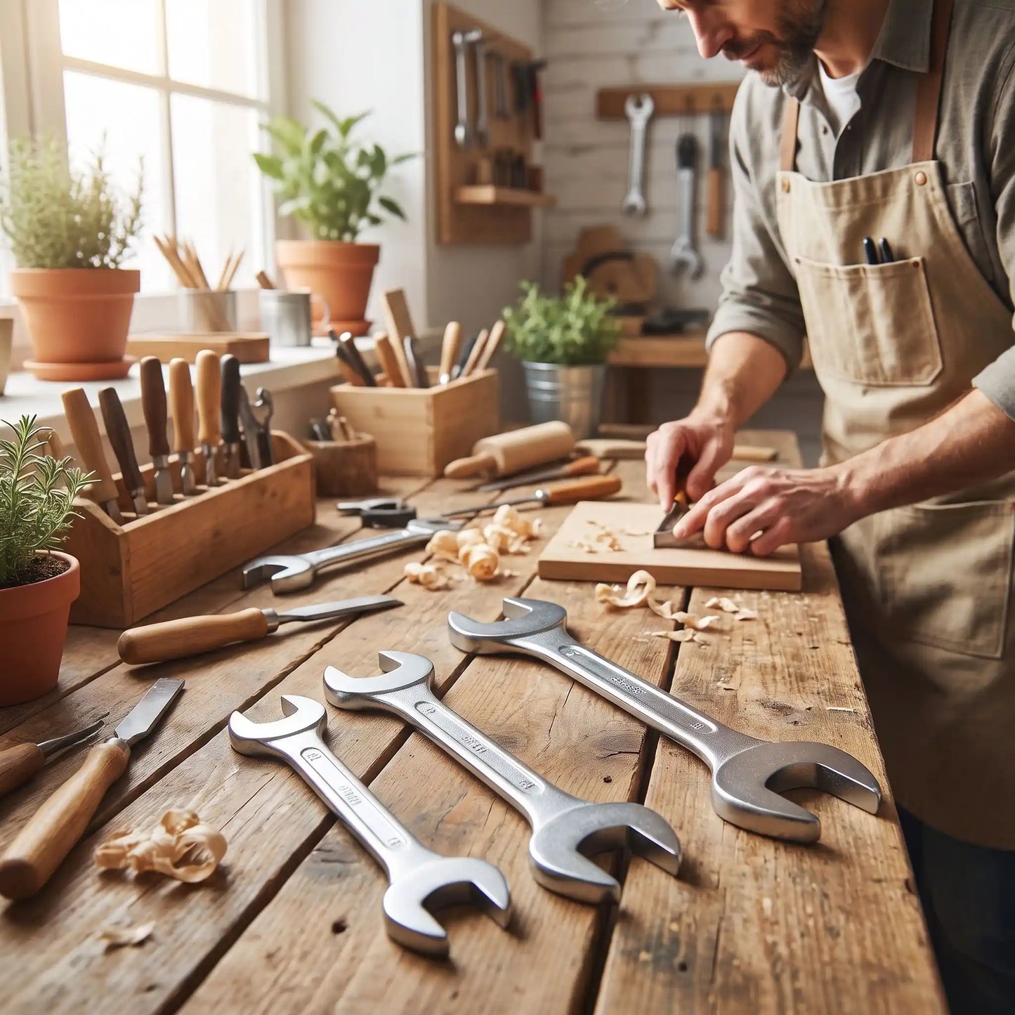 Clé à fourche jeu de 3 pièces 18-24 mm sur une table en bois à côté d'un bricoleur