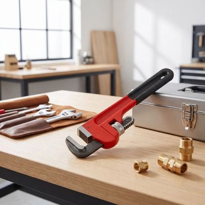 Une clé à griffe 200 mm (8") haute résistance sur un établi en bois