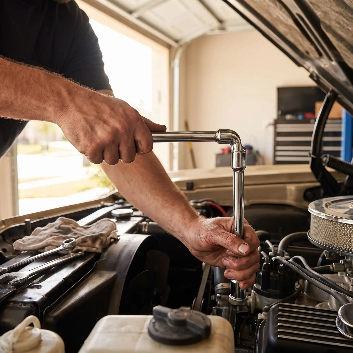 Une clé à pipe articulée débouchée 12 mm dans la main d'un homme qui répare un moteur de voiture