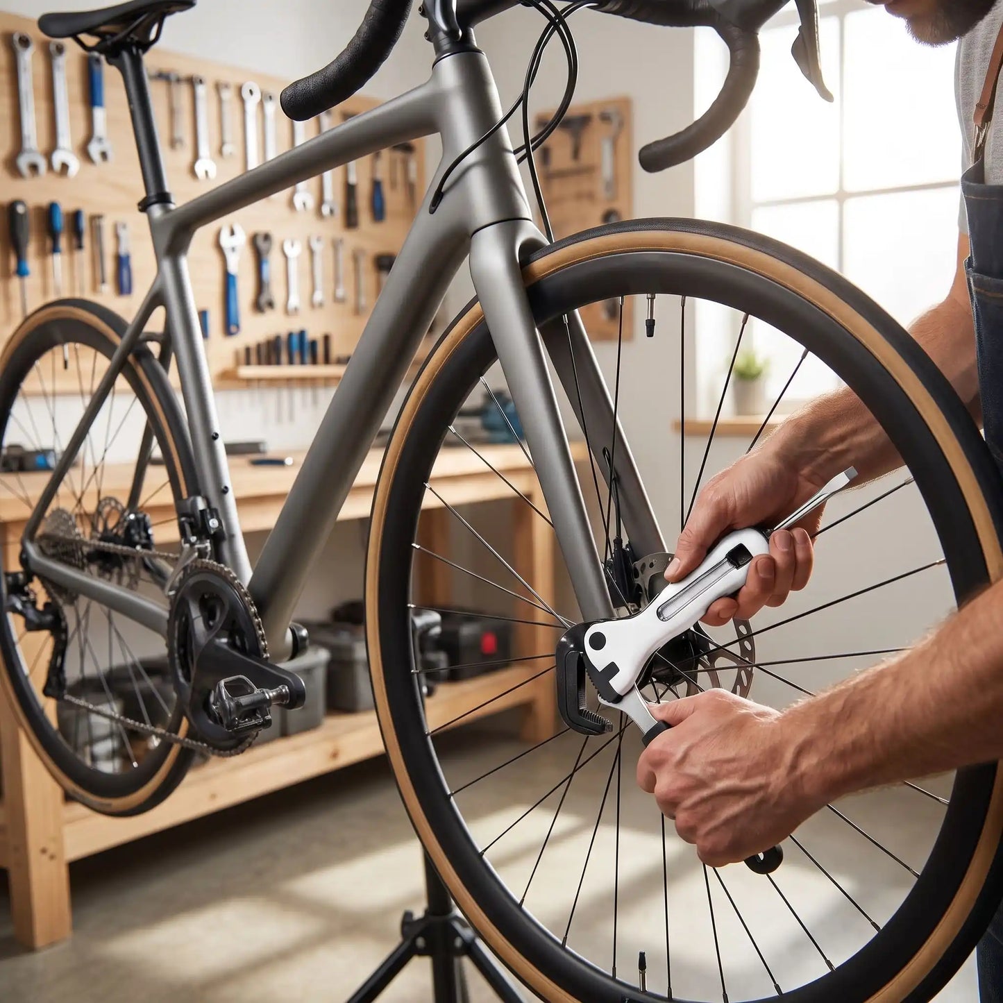 clé anglaise universelle miniature avec tournevis dans la main d'un homme qui répare sont vélo