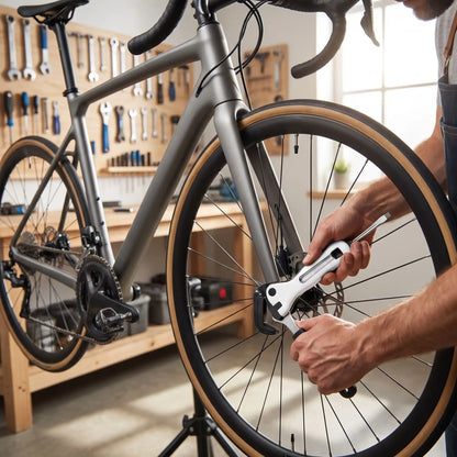 clé anglaise universelle miniature avec tournevis dans la main d'un homme qui répare sont vélo