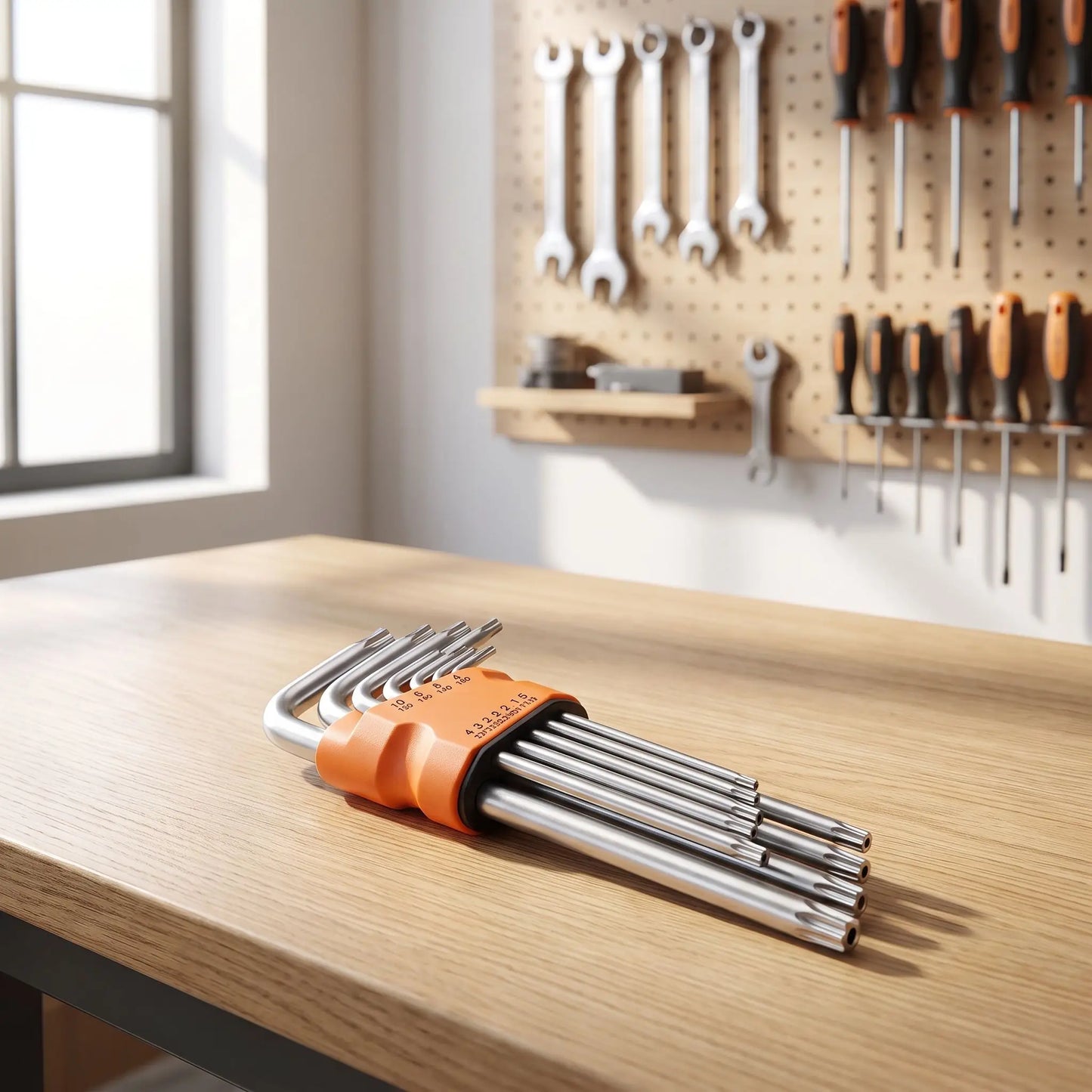 Clé étoile jeu de 9 pièces T10 à T50 courte dans un atelier sur une table en bois