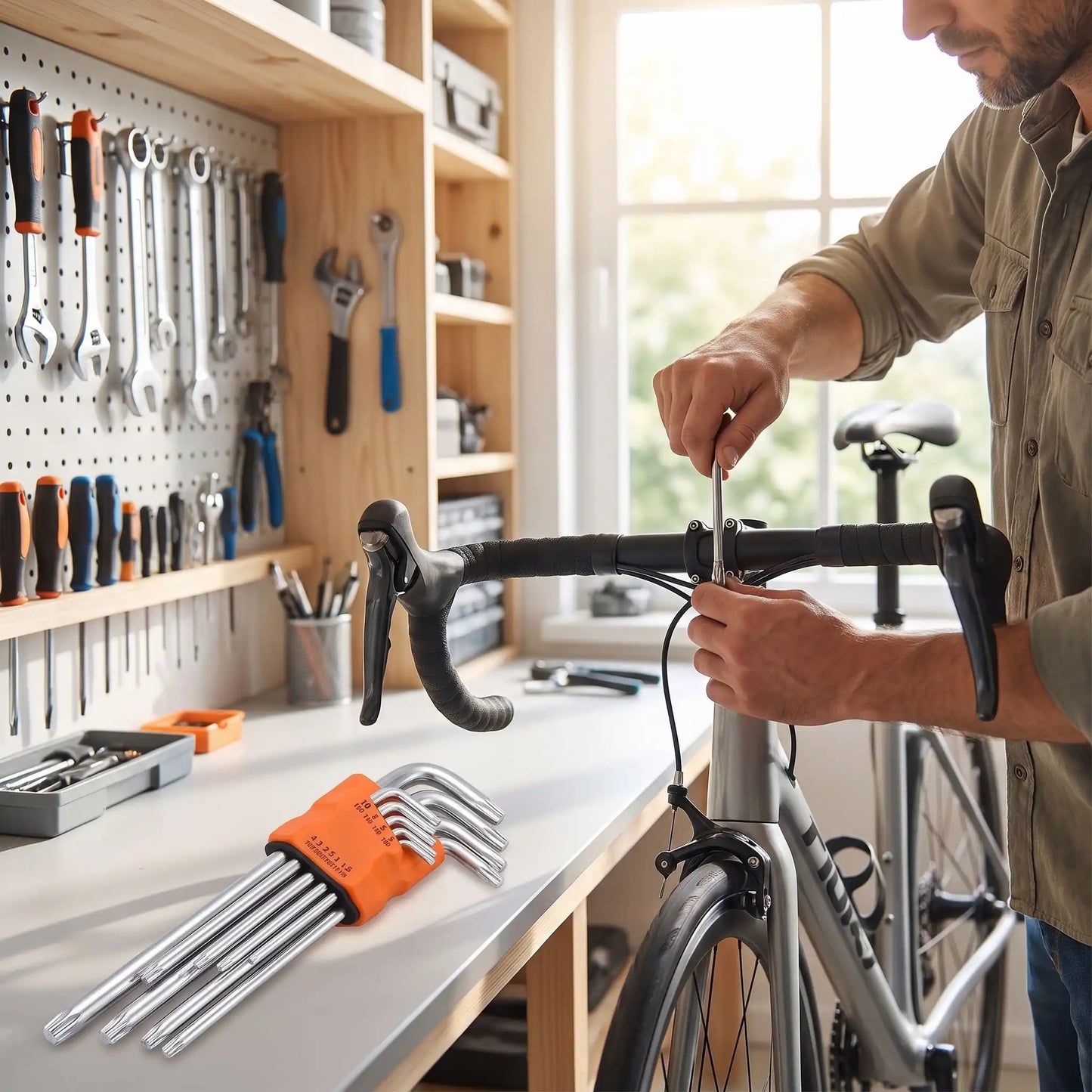 une clé étoile jeu de 9 pièces T10 à T50 courte dans la main d'un homme qui répare un vélo