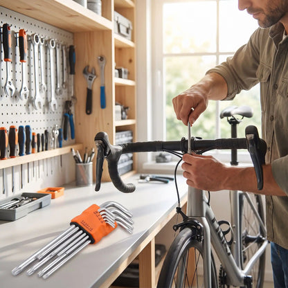 une clé étoile jeu de 9 pièces T10 à T50 courte dans la main d'un homme qui répare un vélo