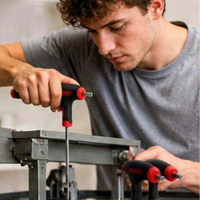 Clé torx jeu de 10 clés en T T9 à T50 dans la main d'un homme