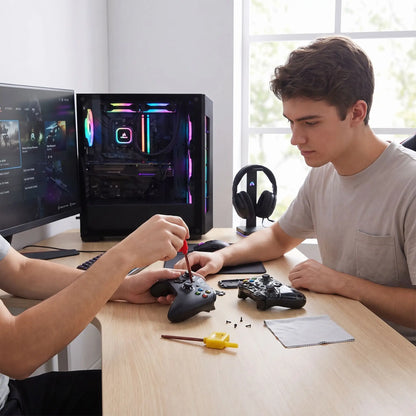 Clé torx jeu de 2 clés en drapeau S2 dans la main d'un ado qui répare sa manette de jeu