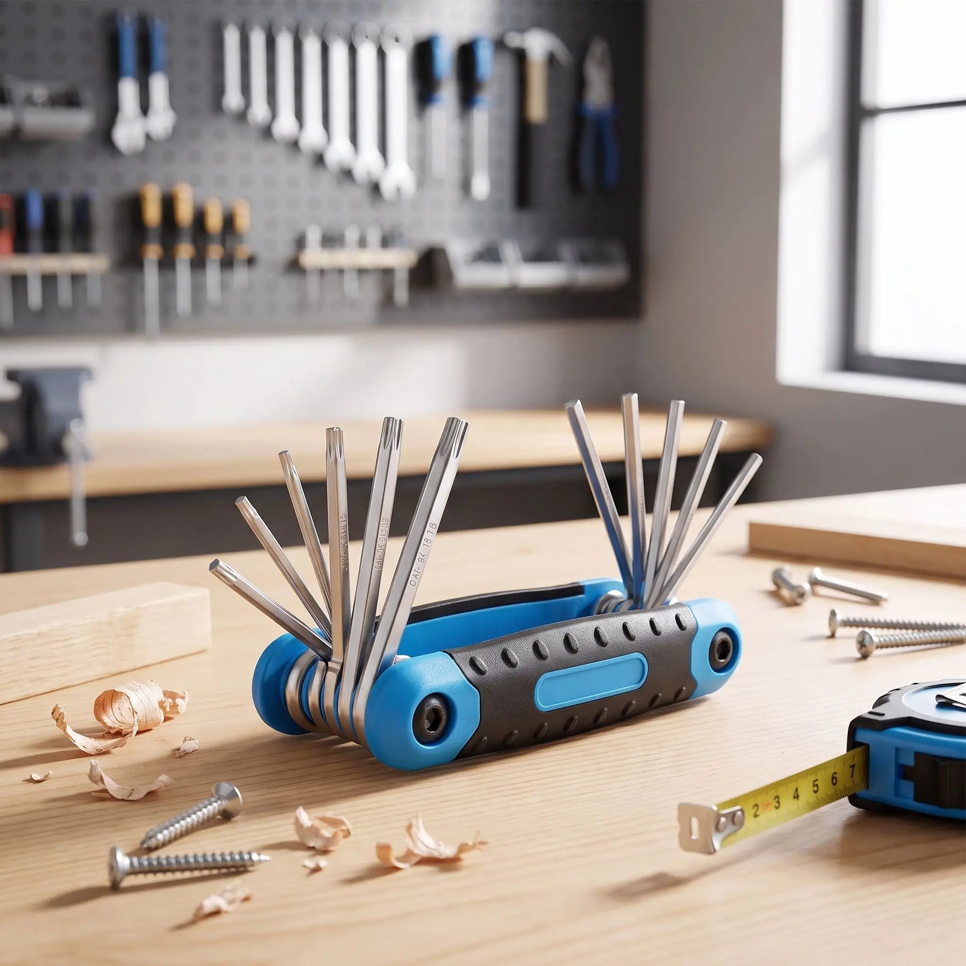 Clé Torx Jeu de 8 pliables T9 à T40 sur un établi