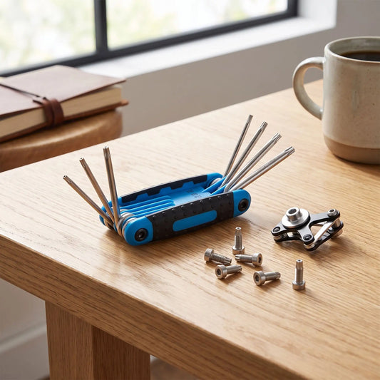 Clé Torx Jeu de 8 pliables T9 à T40 sur une table en bois à côté des vis