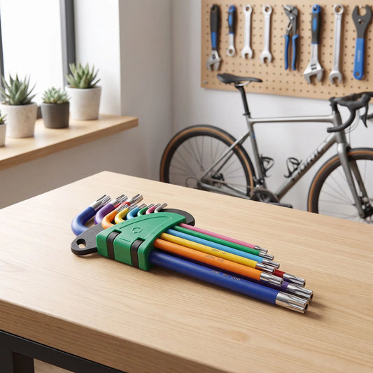 Clé torx jeu de 9 clés de couleurs T10 à T50 en L court sur une table en bois devant un vélo