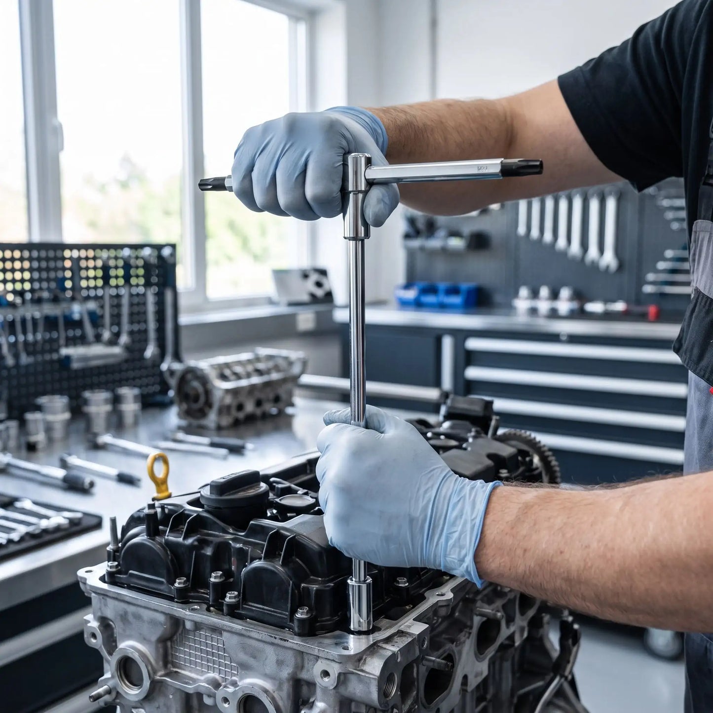 une clé étoile clés torx t20 et t25 en t dans la main d'un homme qui répare un moteur