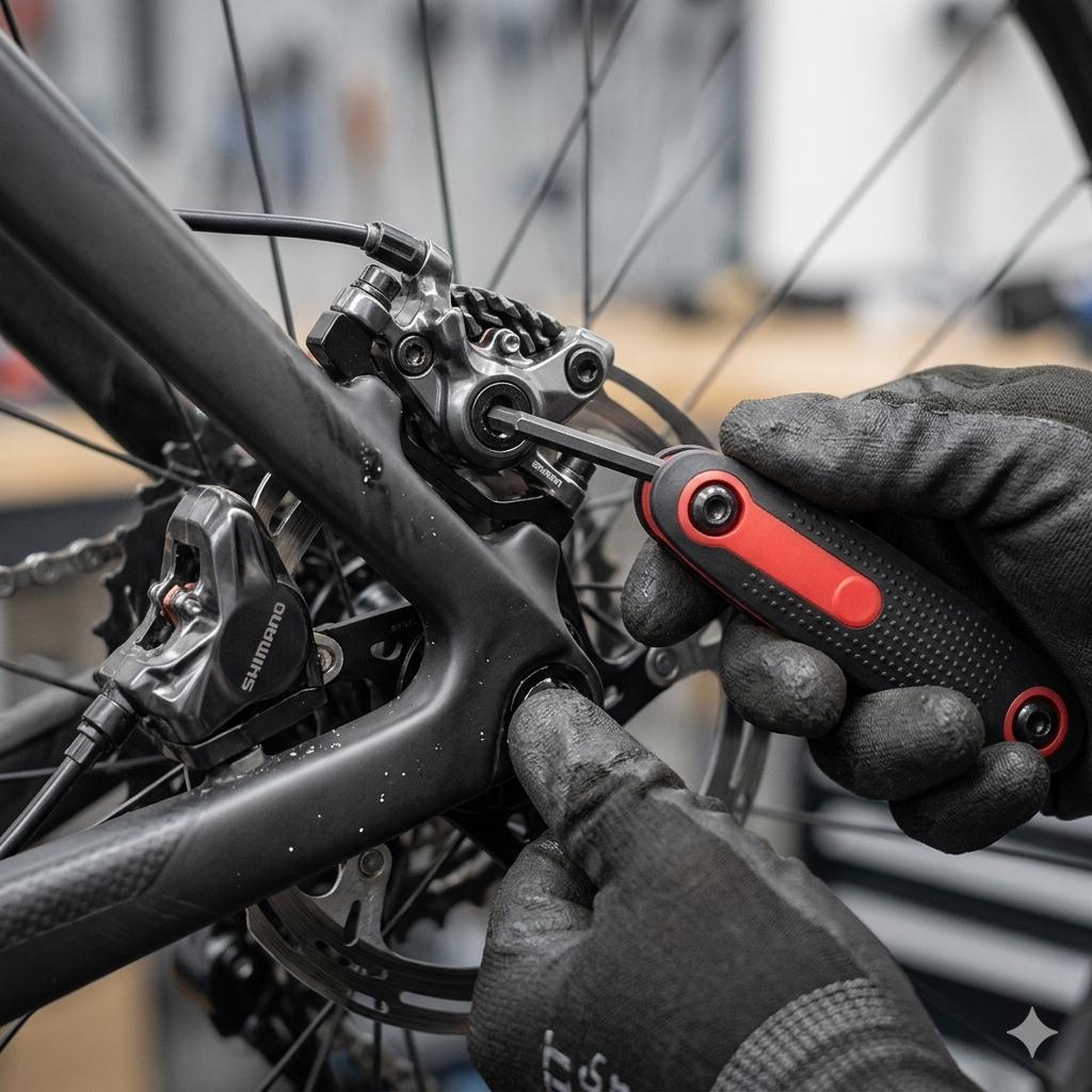 Une clef étoile d'un jeu de 9 clés torx pliable dans la main d'un homme qui répare une roue de vélo