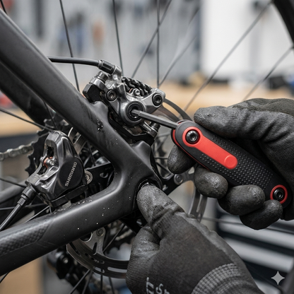 Une clef étoile d'un jeu de 9 clés torx pliable dans la main d'un homme qui répare une roue de vélo