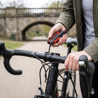 Une clef étoile d'un jeu de 9 clés torx pliable dans la main d'un homme qui répare un volant de vélo