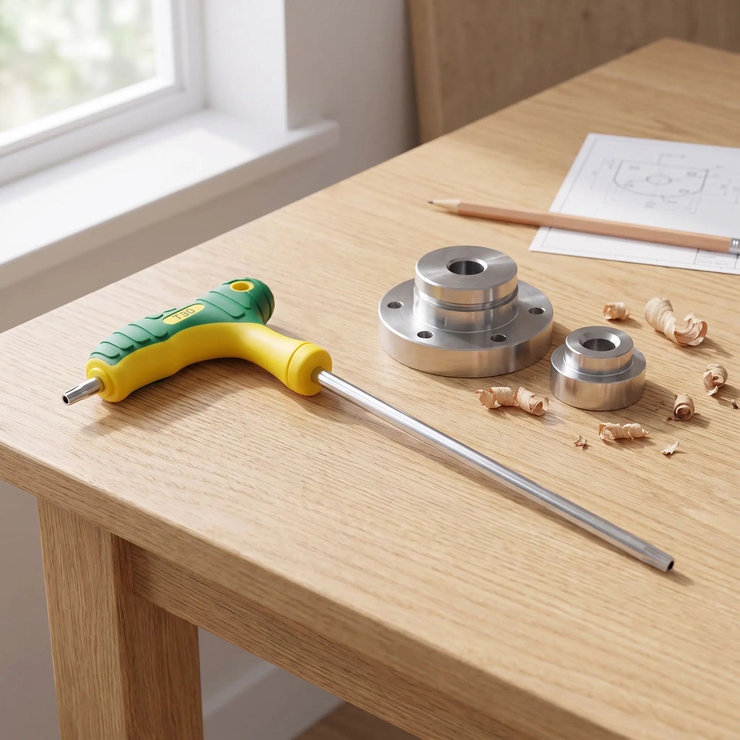 Une clef étoile jeu de clés torx en t sur une table de bois