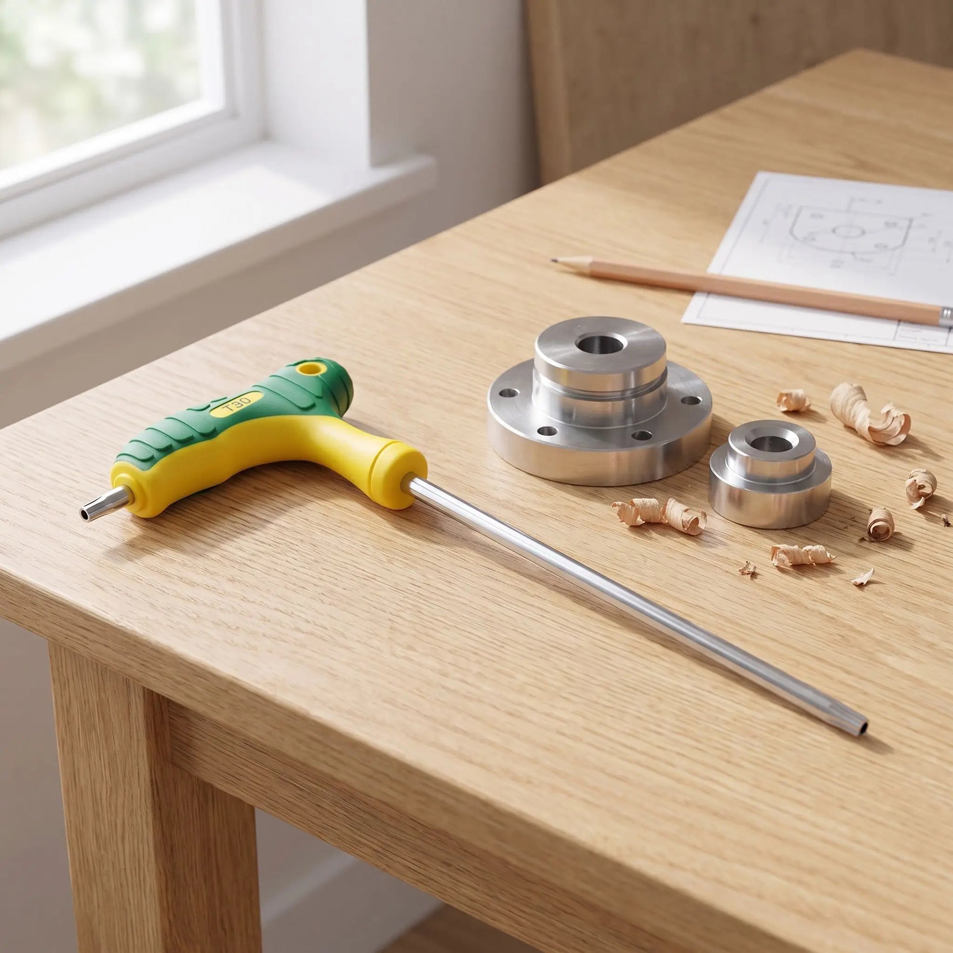 Une clef étoile jeu de clés torx en t sur une table de bois