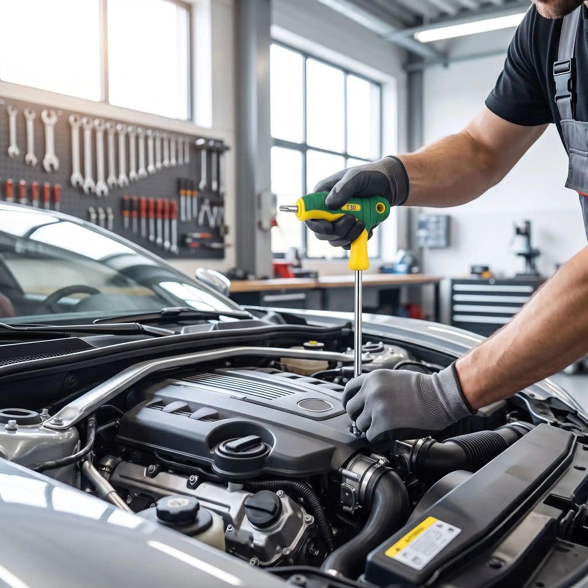 Une clef étoile jeu de clés torx en t dans la main d'un homme qui répare une voiture