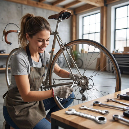 Une clé du jeu de clés plates à cliquet 10 pièces 10-19mm dans la main d'une femme qui répare son vélo