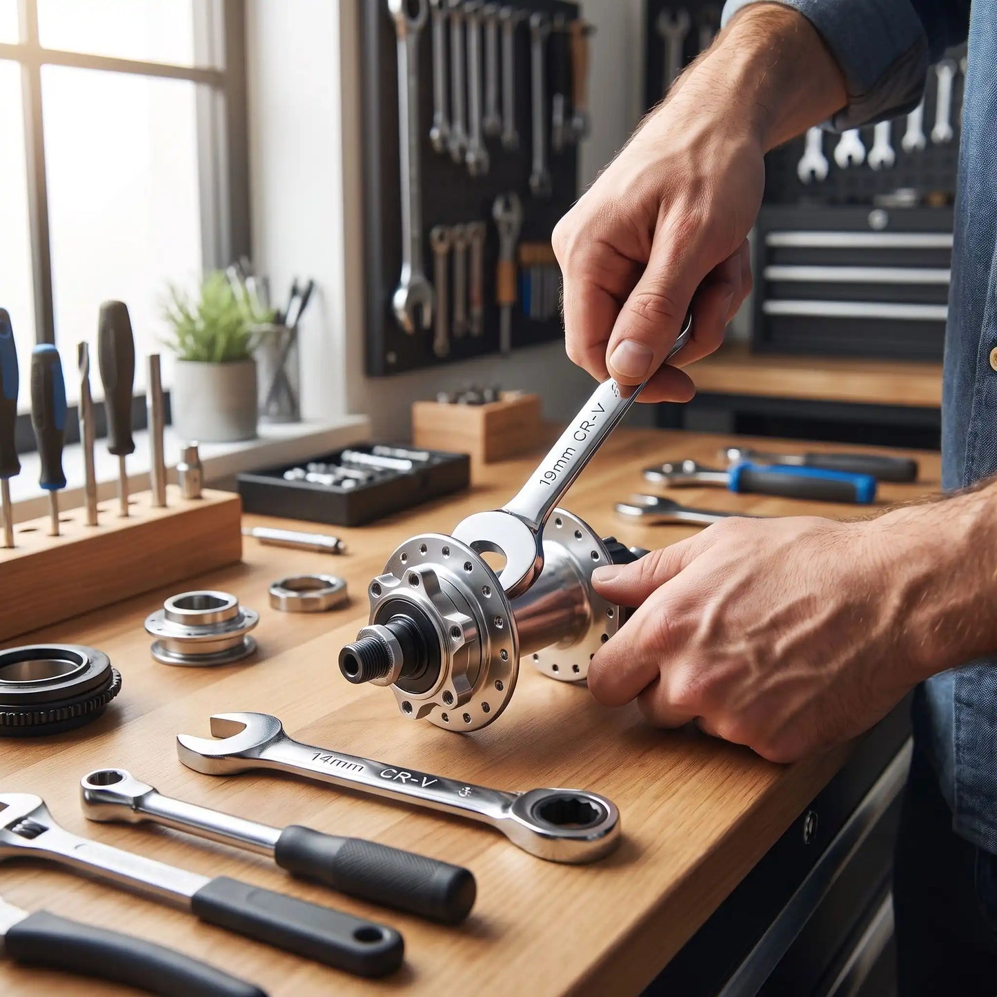 Une clé du jeu de clés plates à cliquet 14 pièces 6-19mm dans la main d'un homme qui bricole