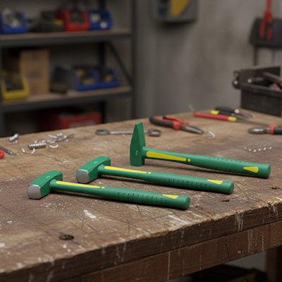 Marteau de mécanicien vert sur un établi