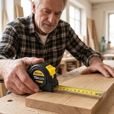 Mètre ruban en caoutchouc épaissi dans la main d'un homme qui meure une planche 