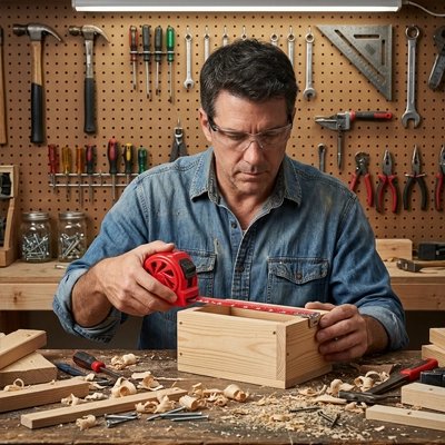 Mètre ruban rouge 5m19mm et 5m25m dans la main d'un homme qui mesure une boîte