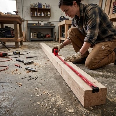 Mètre ruban rouge 5m19mm et 5m25m dans la main d'une femme qui mesure une planche avec la règle rouge