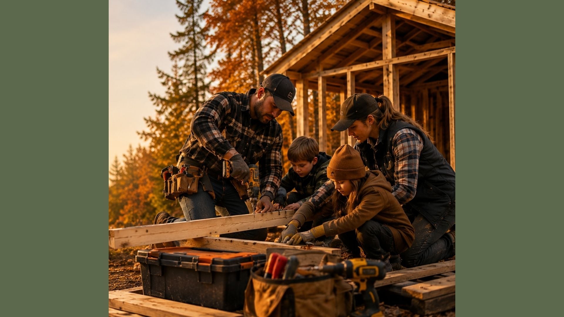 Famille bricolant avec des outils pour construire un camp de chasse en automne