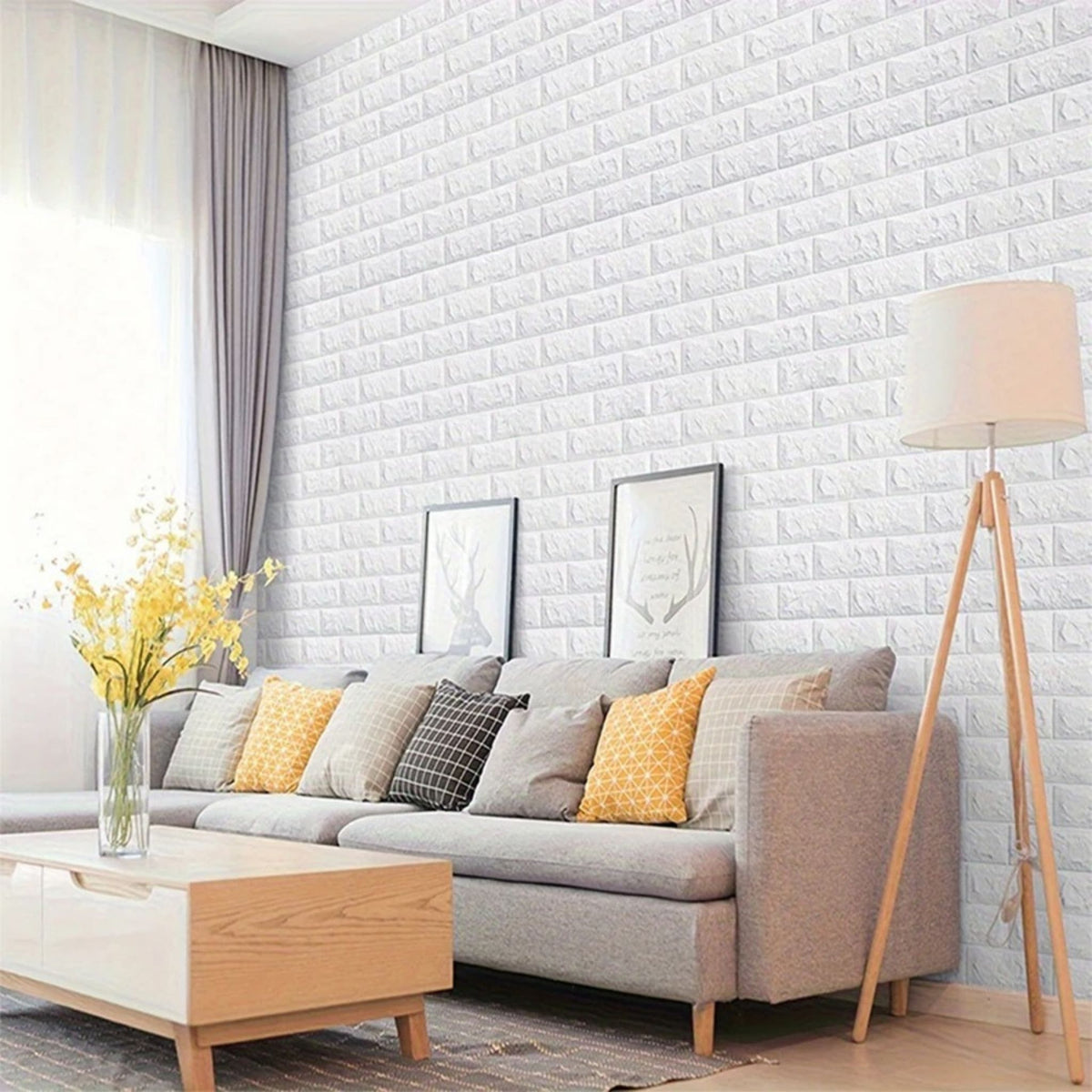 papier peint brique autocollant 3d derière un divant avec des coussins 
