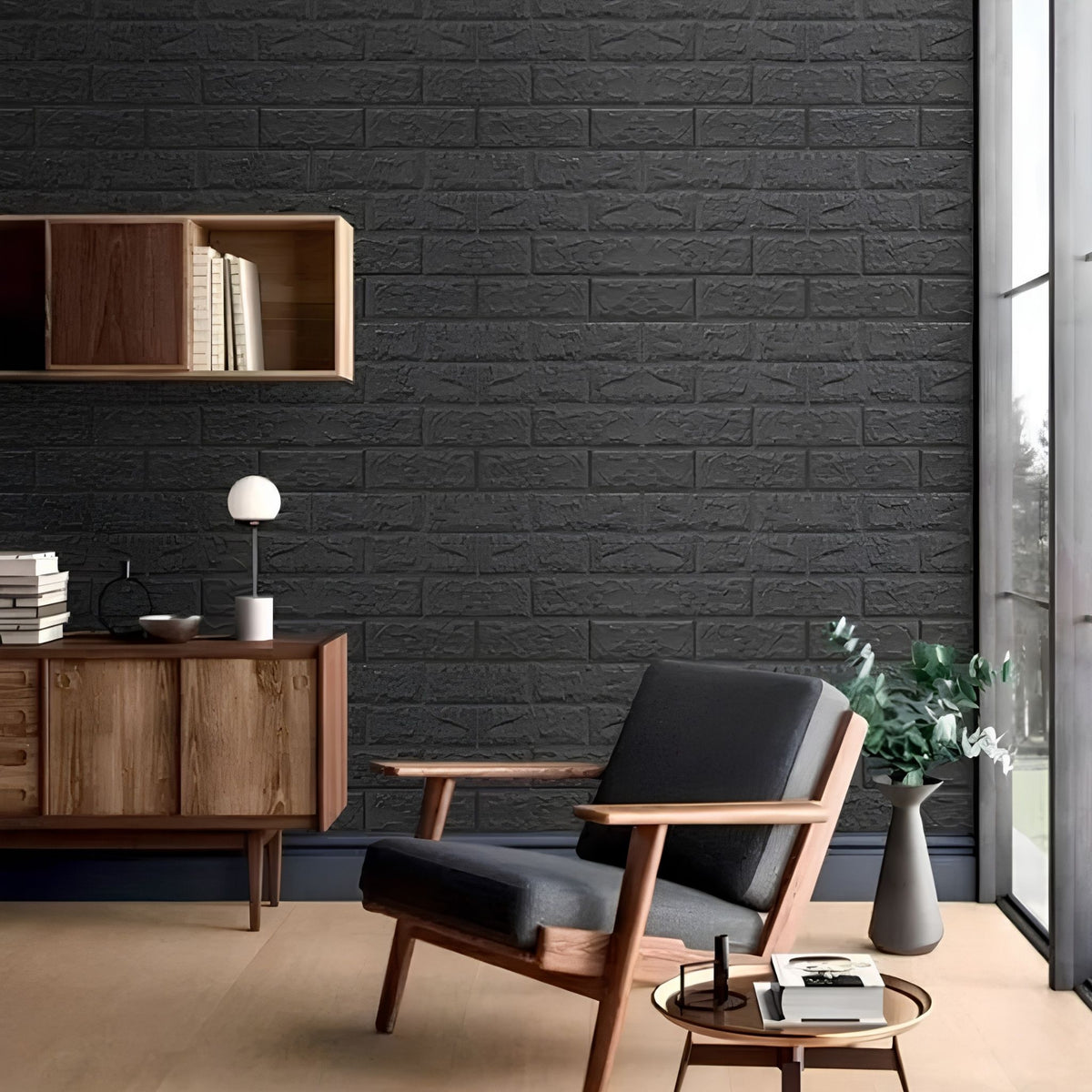 papier peint brique autocollant 3d noir et gris derière un chaise