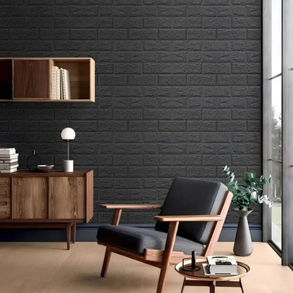 papier peint brique autocollant 3d noir et gris derière un chaise