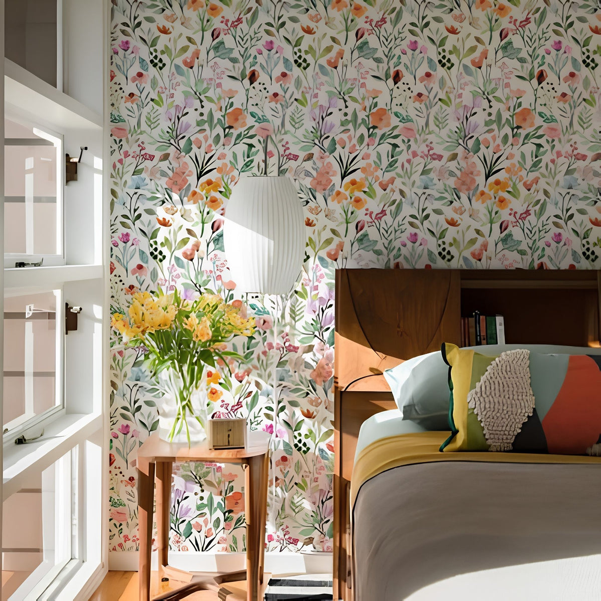 Papier peint fleuri enchanteur sur un mur à côté d'une chaise