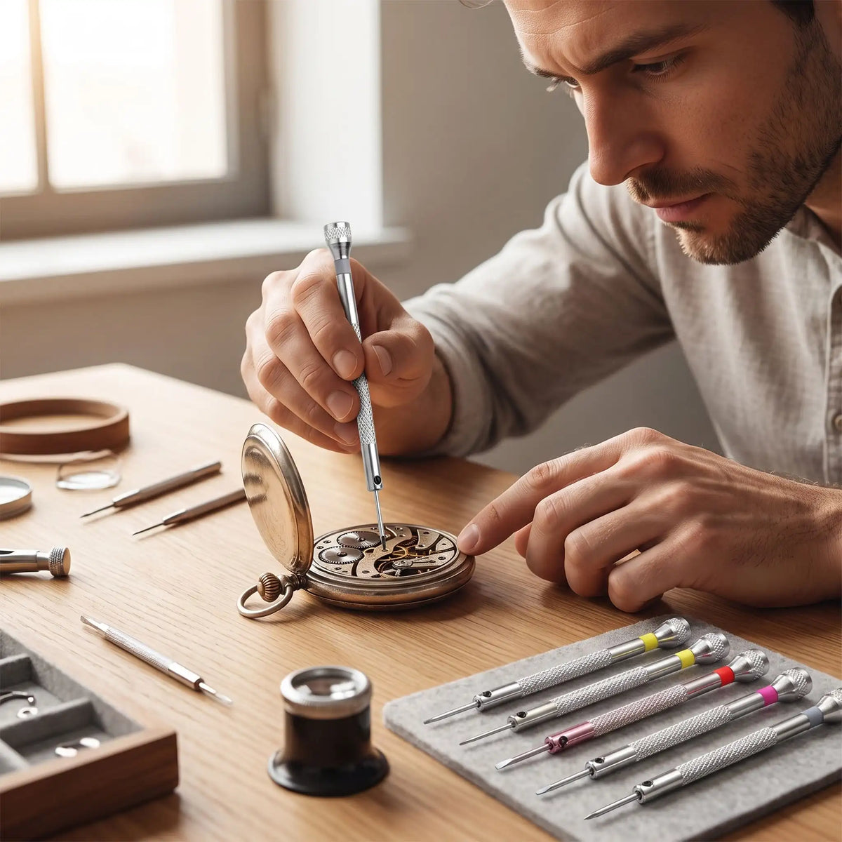 un petit tournevis plat de l'ensemble de 5 pièces de précision 1,2 à 2,0 mm dans la main d'un homme qui rpare une montre