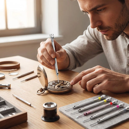 un petit tournevis plat de l'ensemble de 5 pièces de précision 1,2 à 2,0 mm dans la main d'un homme qui rpare une montre
