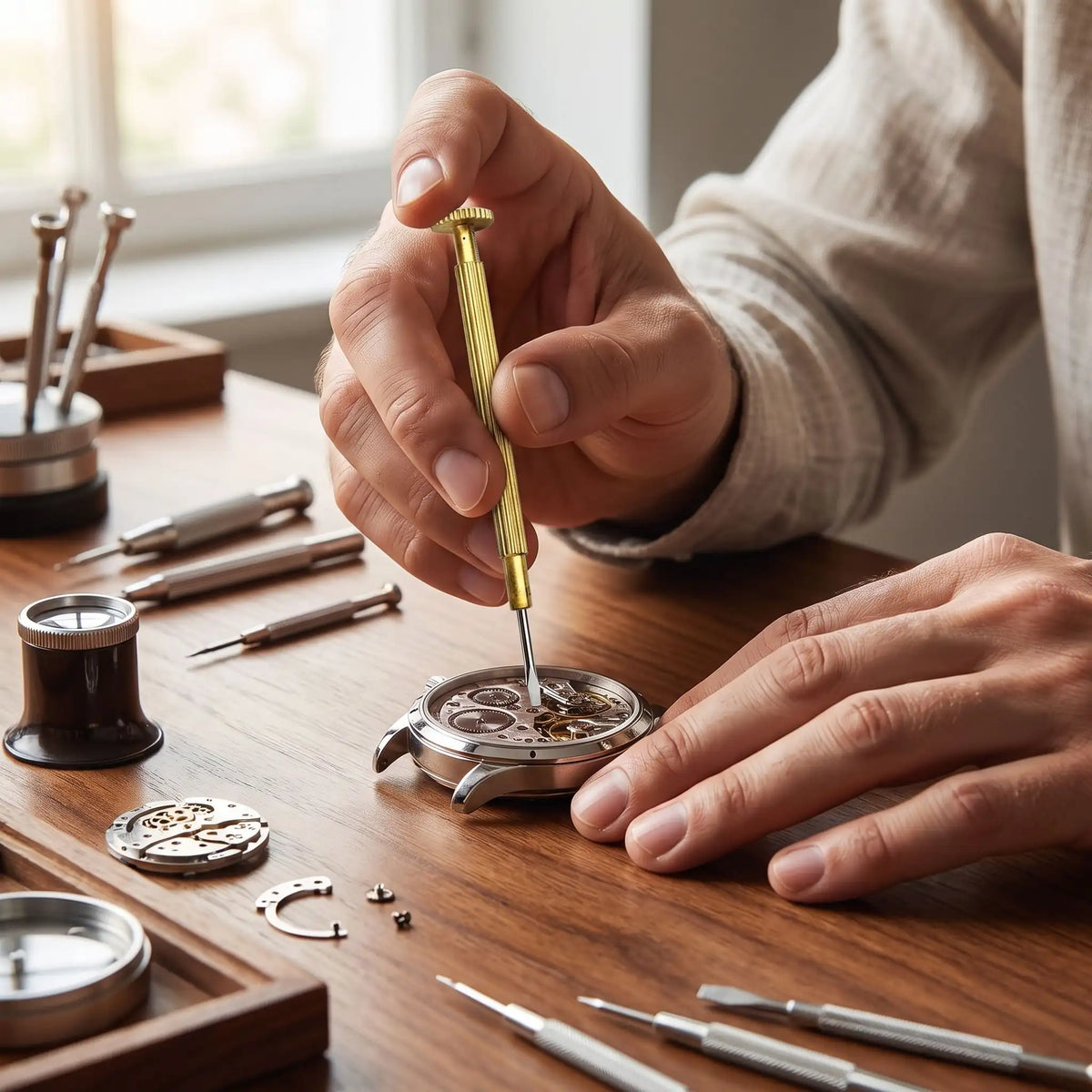 Petit tournevis plat 6 pièces de précision 0,8 à 1,8 mm dans la main d'un homme qui répare une montre