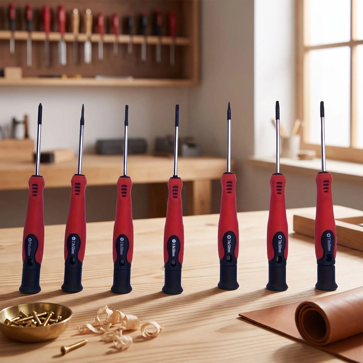 petit tournevis plat 7 pièces de précision sur une table dans un atelier