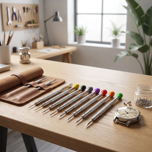 petit tournevis plat 8 pièces de précision 0,6 à 2,0 mm sur une table dans un atelier