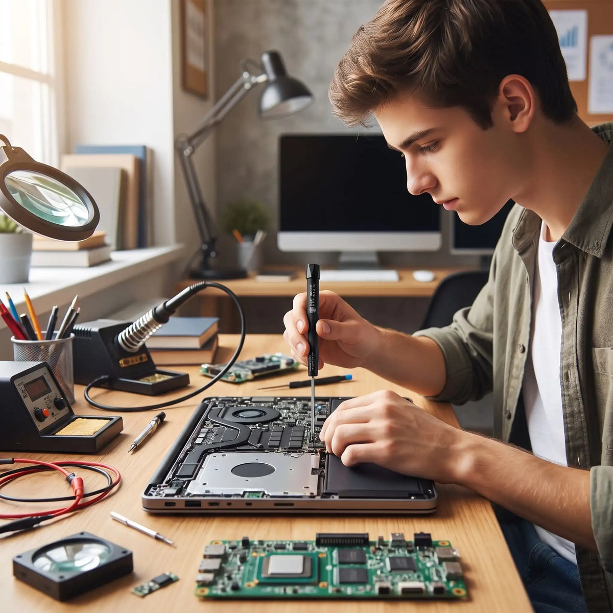Petit tournevis plat de précision 1,5 à 2,0 mm magnétique dans la main d'un étudiant qui répare un portable