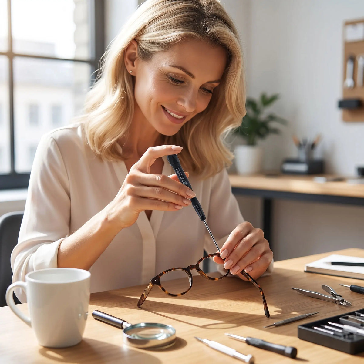 Petit tournevis plat de précision 1,5 à 2,0 mm magnétique dans la main d'une femme qui répare une lunette