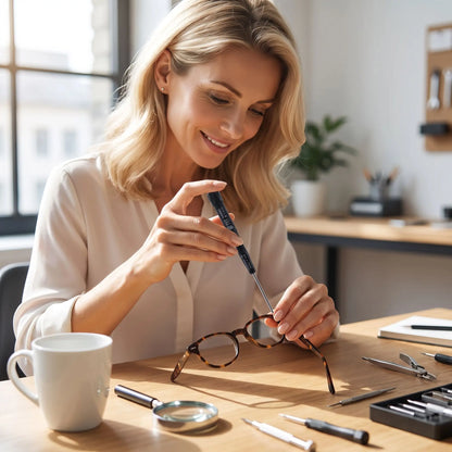 Petit tournevis plat de précision 1,5 à 2,0 mm magnétique dans la main d'une femme qui répare une lunette