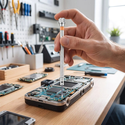 un petit tournevis plat du jeu de 14 pièces dans la main d'un homme qui répare son cellulaire