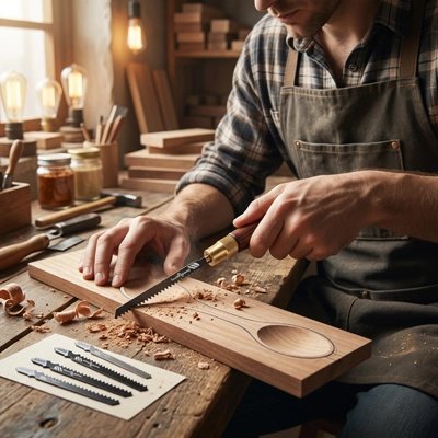 Scie à main interchangeable dans la main d'un homme qui scie une cuillère de bois