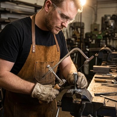 Scie à métaux professionnelle 13 en 1 dans la main d'un homme qui scie dans un étau
